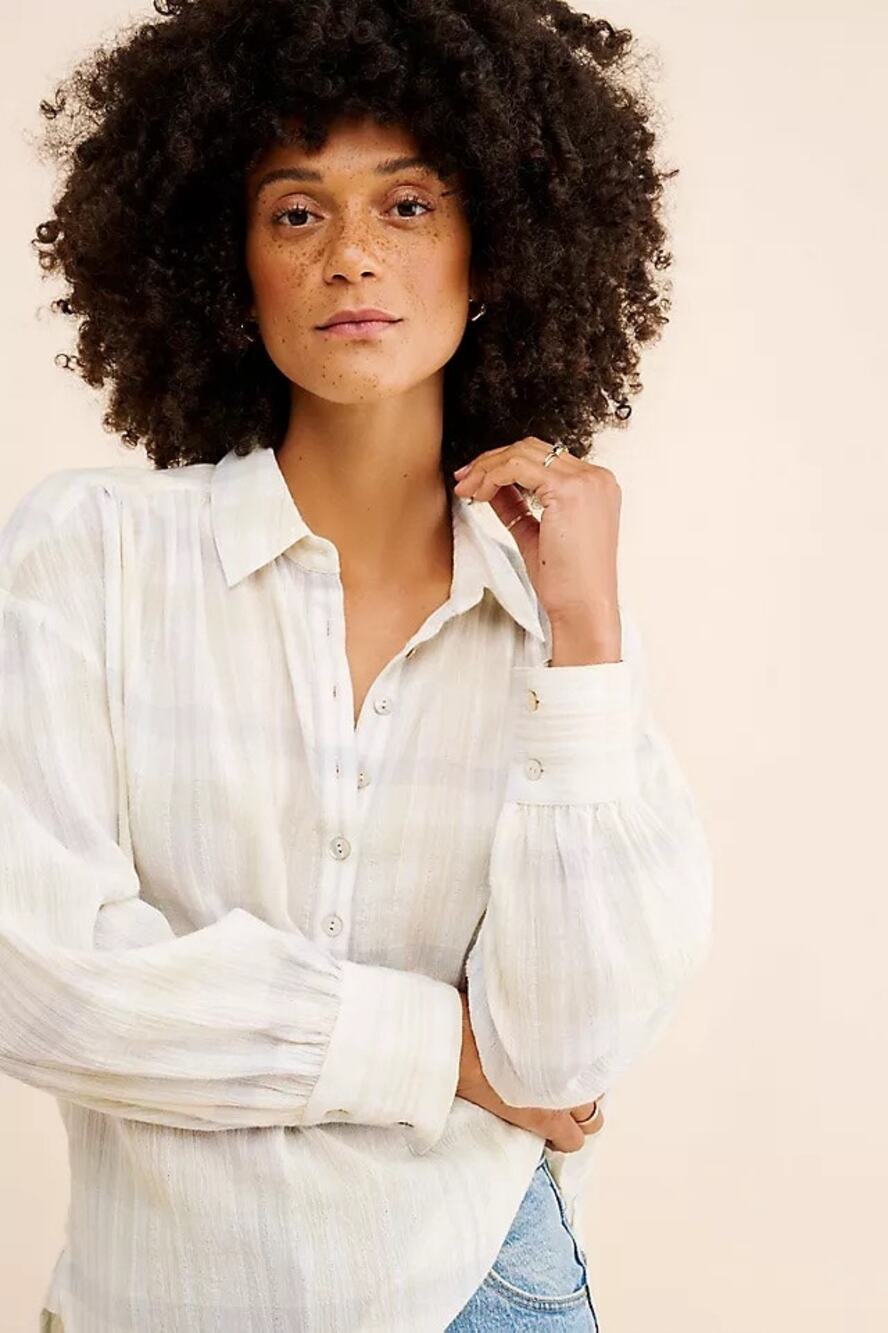 Faherty Olli Collared Top Anthropologie Organic Cotton Blouse Size L